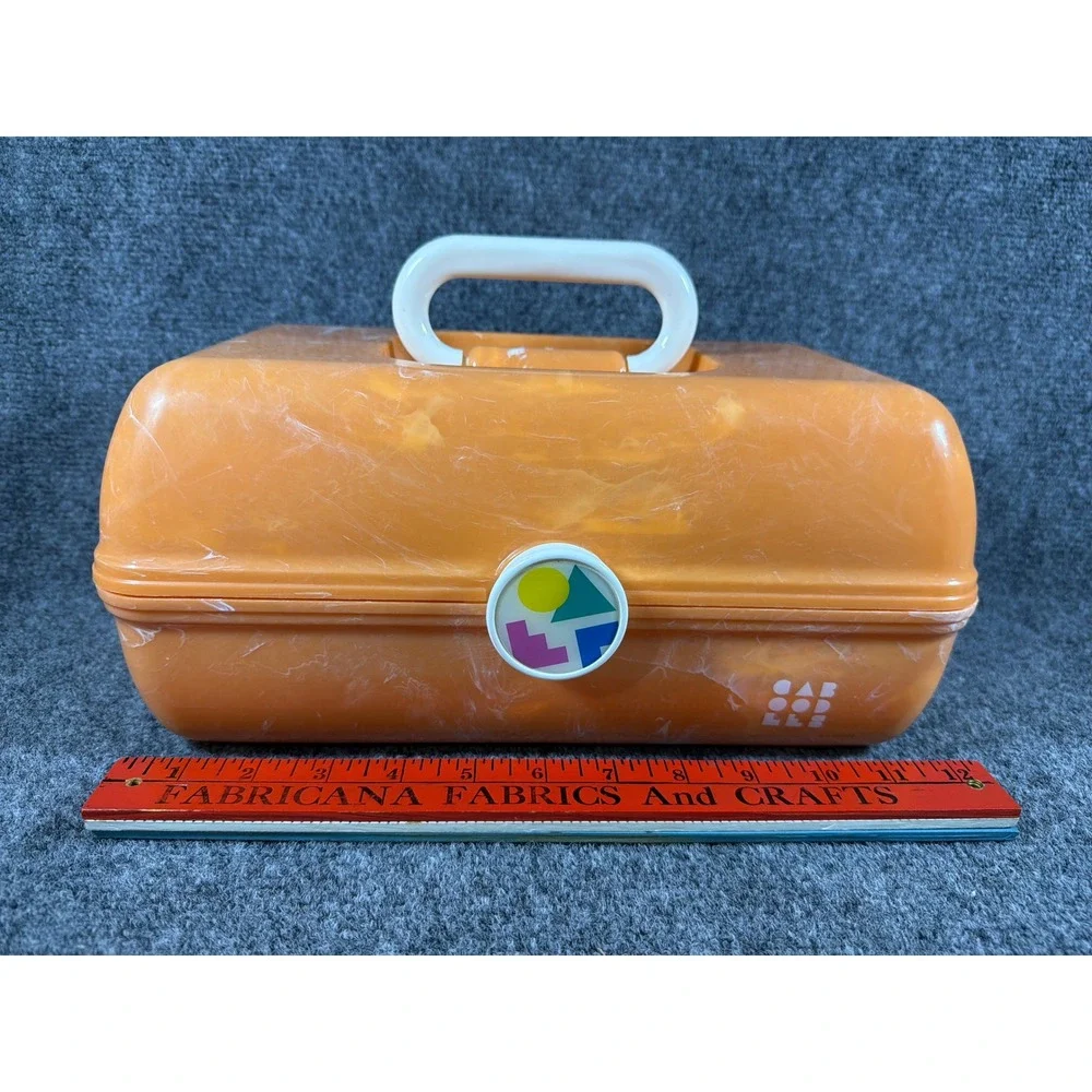 Vintage Caboodles Makeup Case Orange Marbled Organizer Box with Mirror 90s Retro
